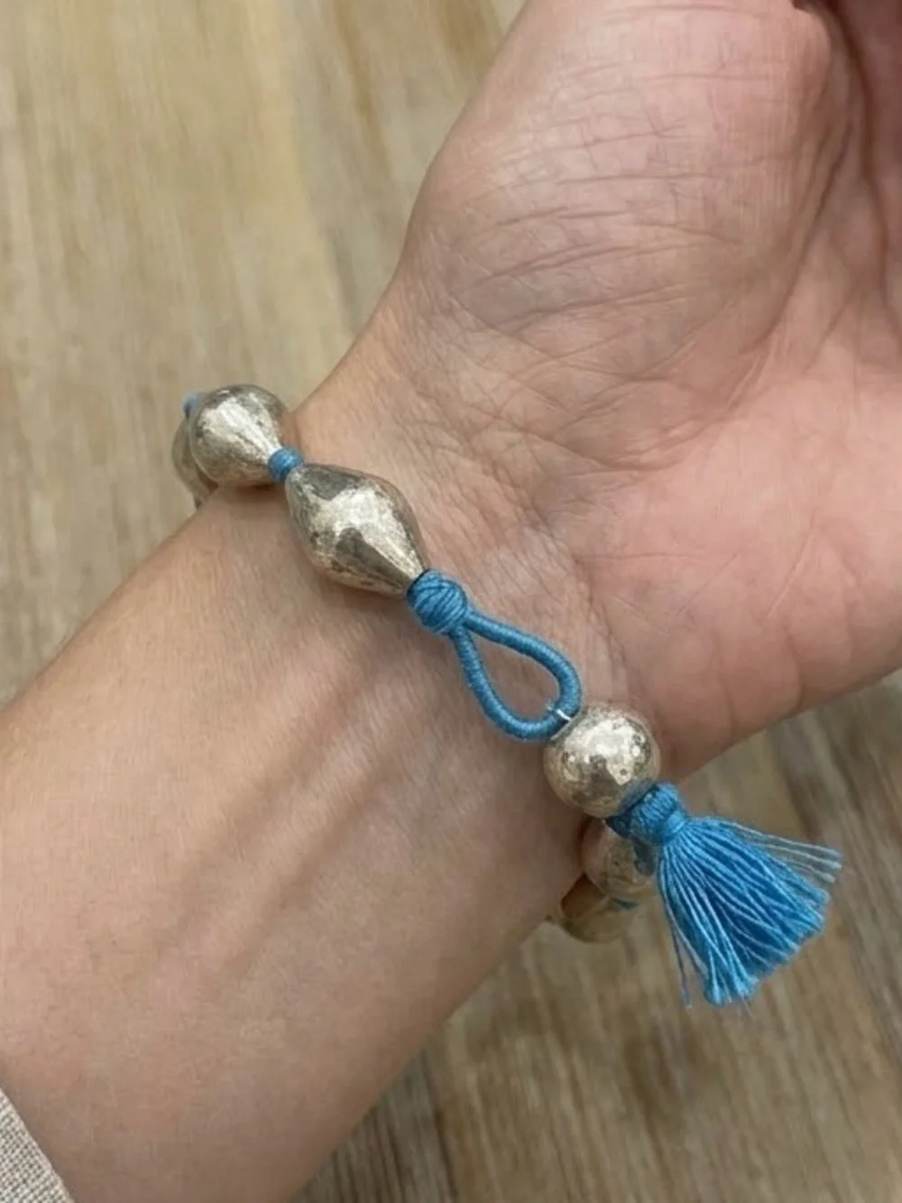 Boho Sterling Silver Teardrop Bead Bracelet Blue Tassel